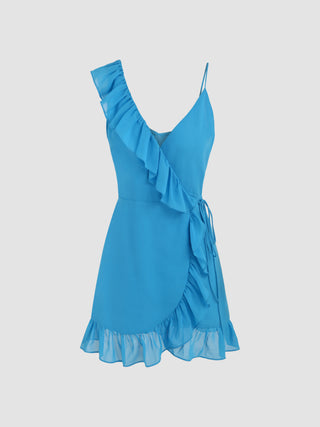 Asymmetrical Neck Ruffle Hem Mini Dress