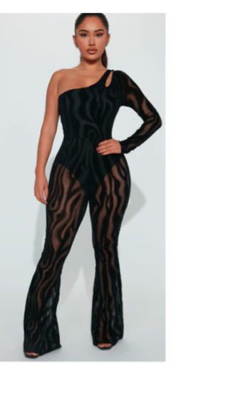 Asymmetrical Neck See-through Zebra Stripe Flared Jumpsuit