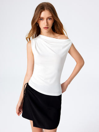 Asymmetrical Neck Sleeveless Solid Crop Top