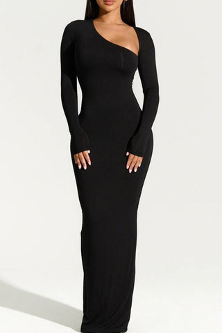 Asymmetrical Neck Slit Maxi Dress (XL / BLACK)