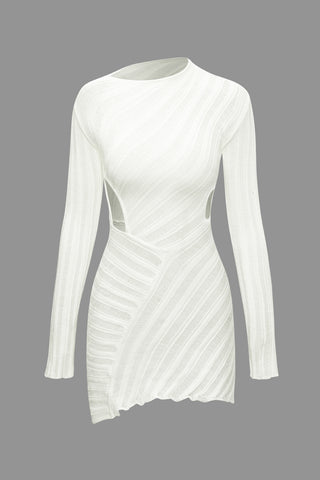 Asymmetrical Ripped Cut Out Knit Long Sleeve Mini Dress (L / WHITE)