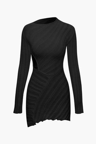 Asymmetrical Ripped Cut Out Knit Long Sleeve Mini Dress (XL / BLACK)