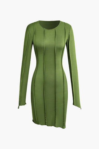 Asymmetrical Round Neck Seam Detail Long Sleeve Mini Dress (XL / GREEN)