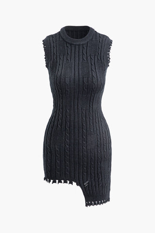 Asymmetrical Round Neck Short Sleeve Cable Knit Mini Dress (S / BLACK)