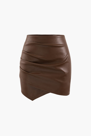 Asymmetrical Ruched Faux Leather Mini Skirt (M / BROWN)