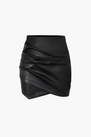 Asymmetrical Ruched Faux Leather Mini Skirt (XL / BLACK)