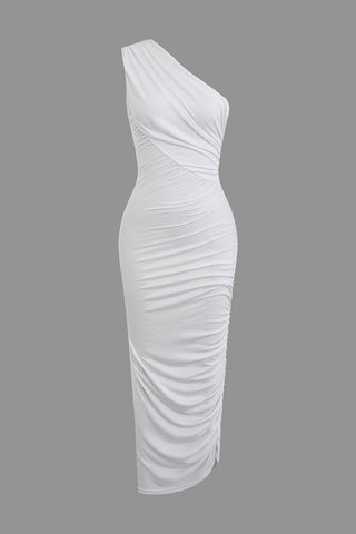 Asymmetrical Ruched One Shoulder Midi Dress (M / WHITE)