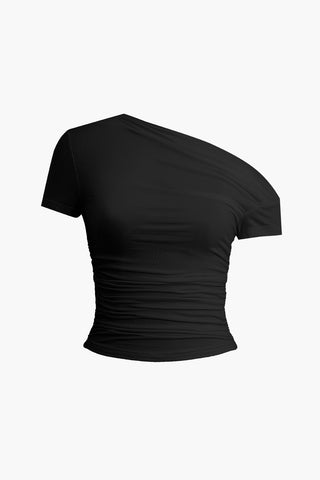 Asymmetrical Ruched T-shirt (S / BLACK)