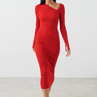 Asymmetrical Shoulder Long Sleeve Slit Cuff Sweater Midi Dress