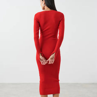 Asymmetrical Shoulder Long Sleeve Slit Cuff Sweater Midi Dress