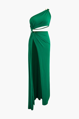 Asymmetrical Twist Cut-Out Slit Maxi Dress (L / GREEN)