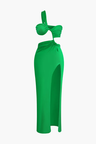 Asymmetrical Twist Ruched Slit One Shoulder Maxi Dress (L / GREEN)