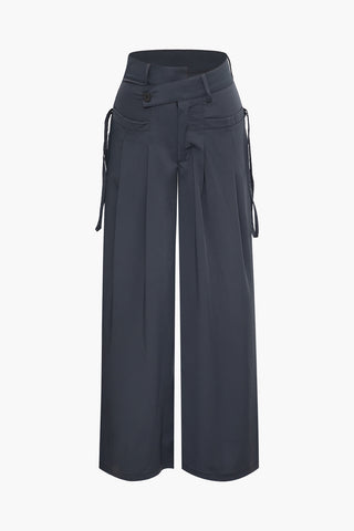 Asymmetrical Waist Ruched Straight Pants (L / DARK GRAY)