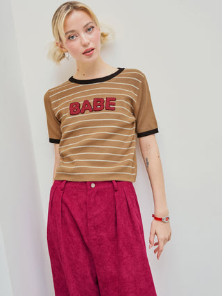 Babe Round Neck Striped Contrasting Binding Knitted Short Sleeve Tee