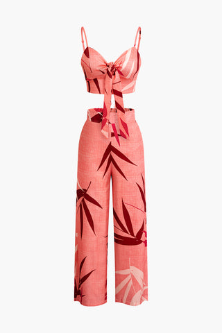 Bamboo Leaf Print Knot Cami Top And Pants Set (L / PINK)