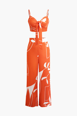 Bamboo Leaf Print Knot Cami Top And Pants Set (XL / ORANGE)