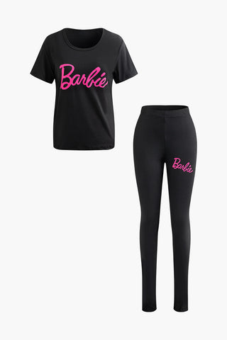 Barbie Print Round Neck T-shirt And Skinny Pants Set (M / BLACK)