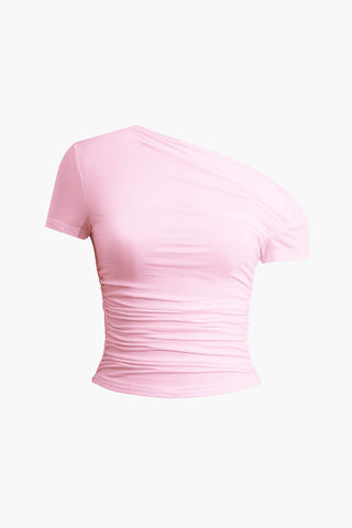 Basic Asymmetrical Ruched T-shirt (L / PINK)