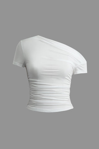 Basic Asymmetrical Ruched T-shirt (S / WHITE)