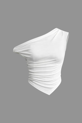 Basic Asymmetrical Twist Ruched T-shirt (M / WHITE)