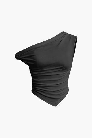 Basic Asymmetrical Twist Ruched T-shirt (S / BLACK)