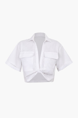 Basic Flap Pocket Twist Hem Shirt (XXS / WHITE)