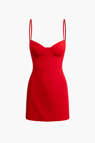 Basic Solid Bustier Slip Mini Dress (L / RED)