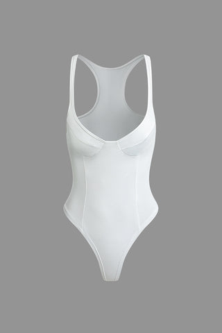 Basic Solid Deep-V Neck Bustier Bodysuit (L / WHITE)