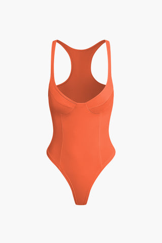 Basic Solid Deep-V Neck Bustier Bodysuit (XL / PERSIMMON)