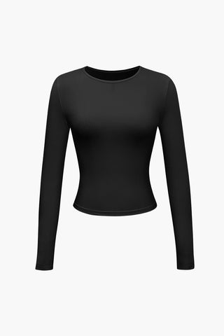 Basic Solid Round Neck Long Sleeve Top (L / BLACK)