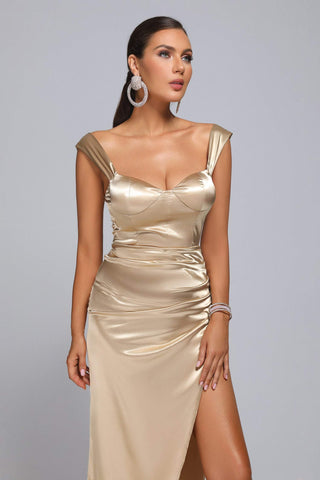 Becky Satin Slit Midi Dress (M / Gold)