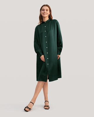 Belted Shirred Silk Shirt Dress