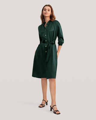 Belted Shirred Silk Shirt Dress (Fir Green / M)