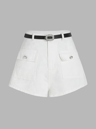 Belted Solid Pocket Denim Mini Shorts