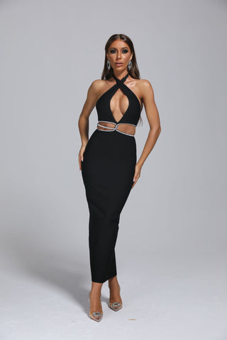 Biana Halter Rhinestone Midi Bandage Dress (XL / Black)