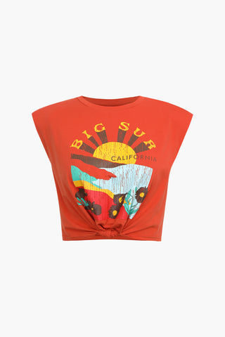 Big Sur Graphic Padded-Shoulder Knot Hem T-Shirt (XXS / DARK ORANGE)