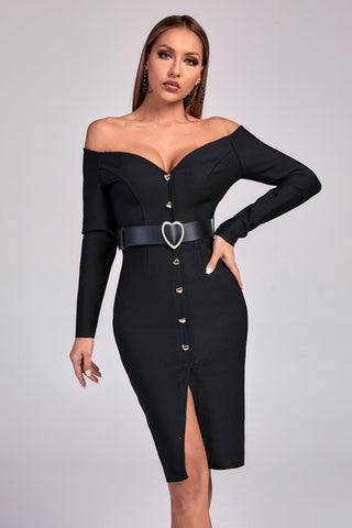 Blanca Off Shoulder Midi Bandage Dress (S / Black)