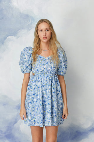 Blue Floral Bubble Sleeve Mini Dress