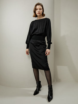 Boatneck Casual Silk Midi Dress (Black / M)