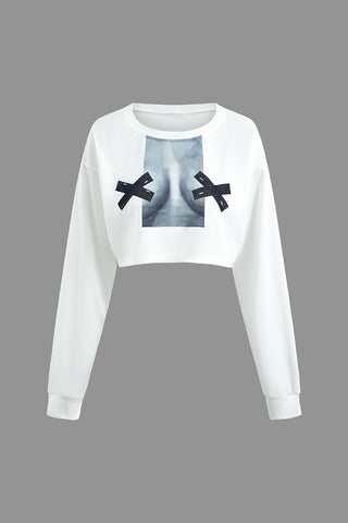 Body Print Round Neck Long Sleeve Crop Top (L / WHITE)