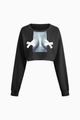 Body Print Round Neck Long Sleeve Crop Top (XL / BLACK)