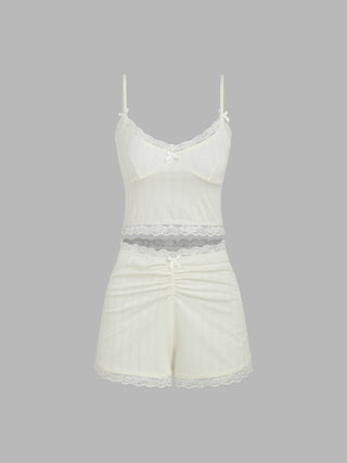 Bow Lace Trim Lounge Tank Top & Mid Waist Shorts Set