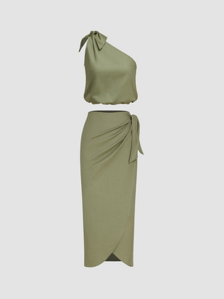 Bowknot Asymmetrical Neck Crop Top & Wrap Maxi Skirt