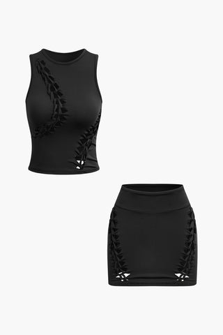 Braided Cut Out Round Neck Tank Top And Skirt Set (S / BLACK)