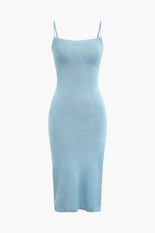 Braided Tie Slip Slit Knit Midi Dress (L / BABY BLUE)