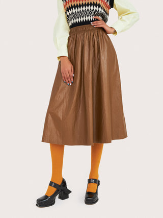 Brown Faux Leather Midi Skirt (XS / Brown)