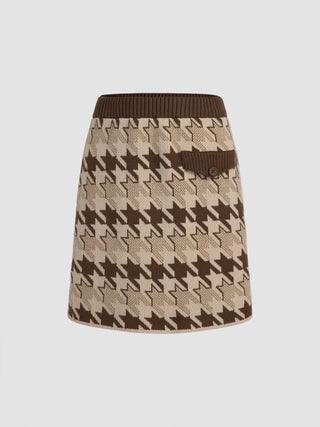 Brown Houndstooth Knit Skirt