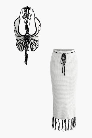 Butterfly Tie Halter Tank Top And Tassel Midi Skirt Set (XL / WHITE)