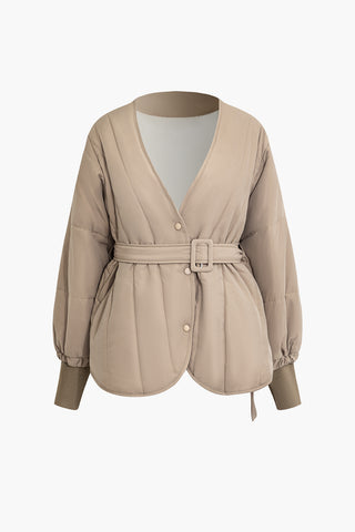 Button Up V-neck Long Sleeve Coat With Belt (L / KHAKI)