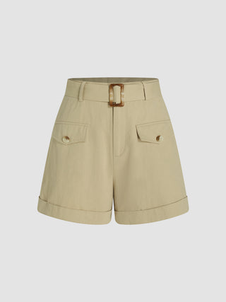 Button Wide Leg Shorts With Belt (XXS / Khaki)